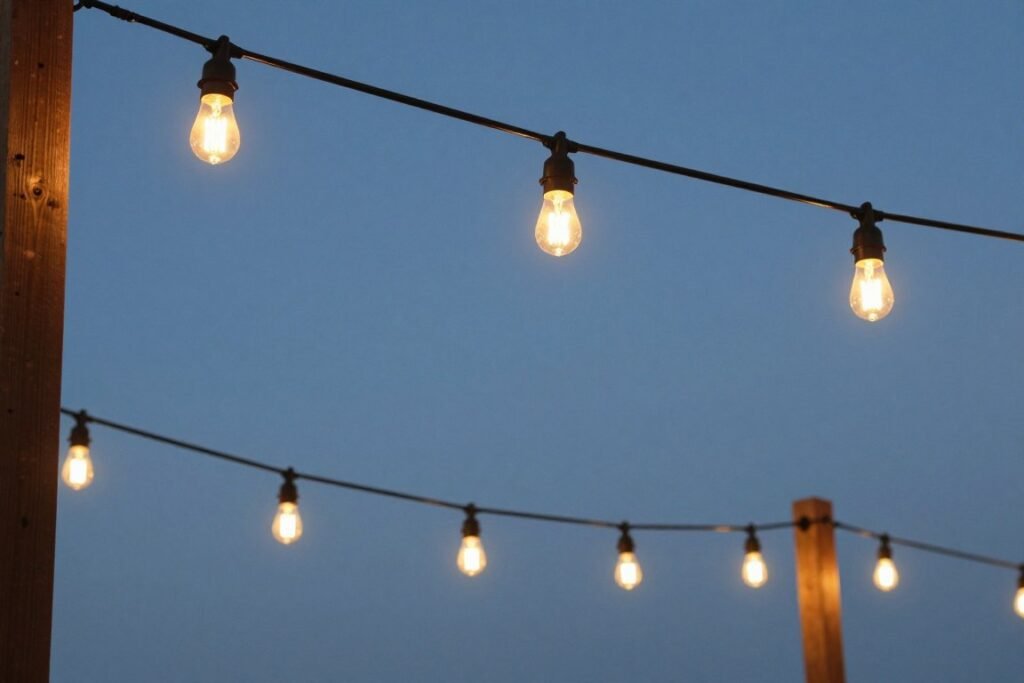 String lights installed overhead at wedding reception