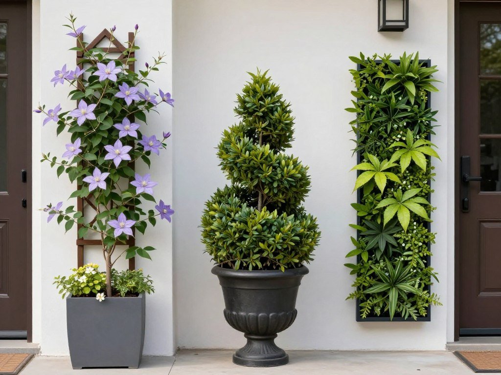 Structural front door planter elements showing trellises, topiaries, and vertical garden systems Structural front door planter elements showing trellises, topiaries, and vertical garden systems