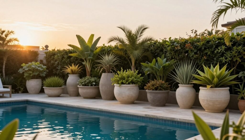 Stunning completed poolside design with perfectly arranged planters creating a resort-like atmosphere