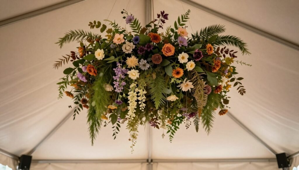 Stunning hanging floral installation in a party tent ceiling