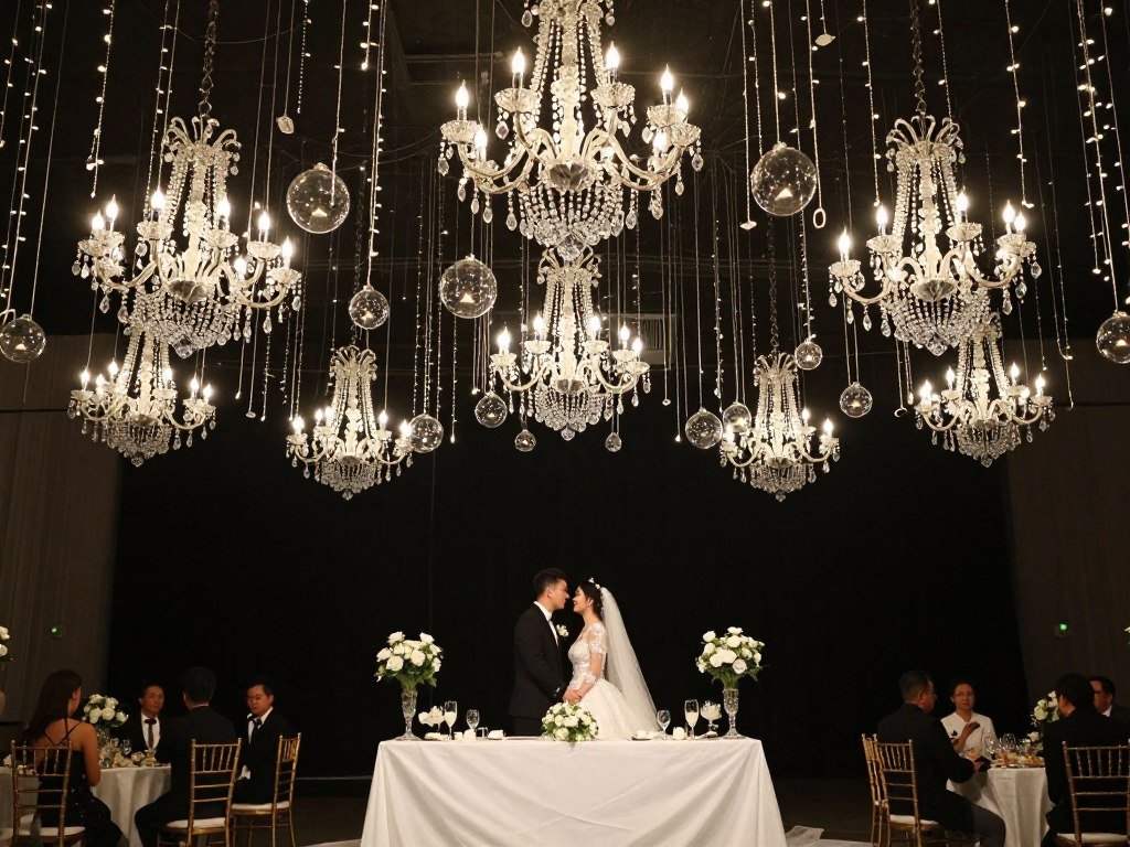 Stunning overhead lighting installation above wedding head table with crystal elements