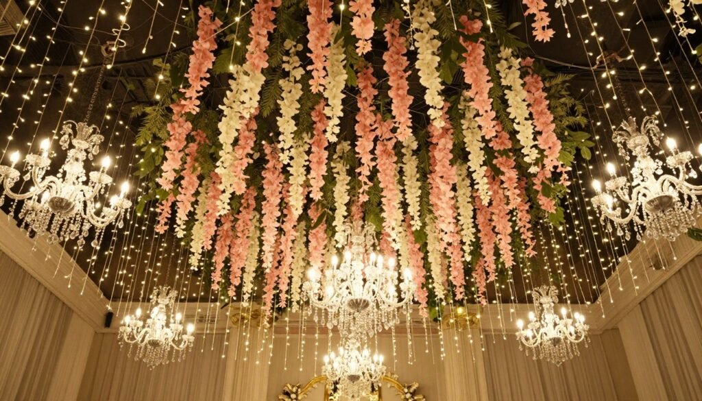 Stunning quinceañera ceiling decorations with hanging floral installations, fairy lights, and crystal chandeliers creating a magical overhead canopy Stunning quinceañera ceiling decorations with hanging floral installations, fairy lights, and crystal chandeliers creating a magical overhead canopy
