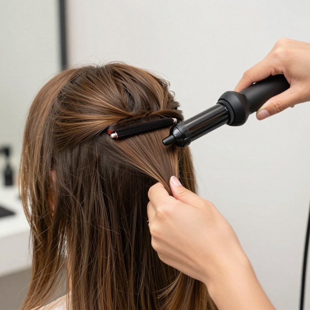 Styling technique showing how to blend hair extensions with natural hair for bridesmaids