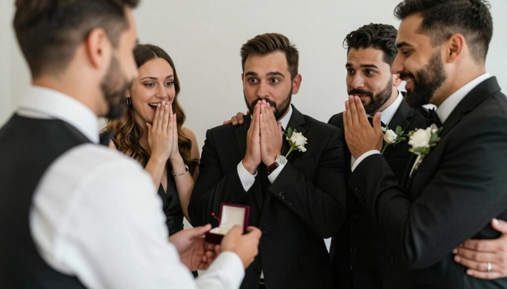 Successful groomsmen proposal moment with genuine emotional reactions