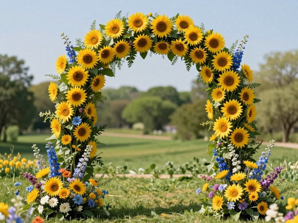Summer arch decoration wedding with sunflowers and bright blooms