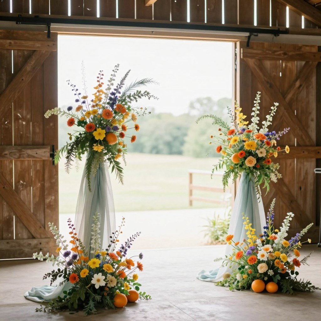 Summer barn wedding decorations with bright wildflowers, citrus accents, and airy fabrics Summer barn wedding decorations with bright wildflowers, citrus accents, and airy fabrics