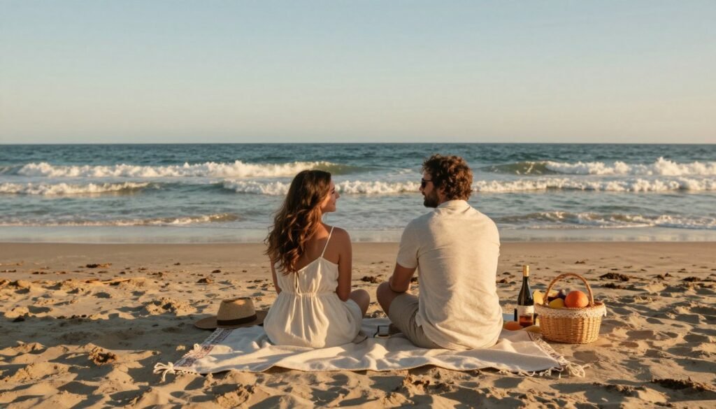 Summer beach scene with couple enjoying sunset by the ocean