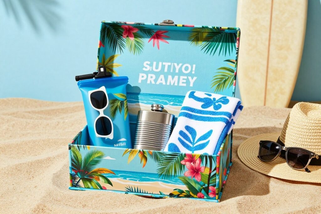 Summer beach-themed groomsmen proposal with vacation accessories