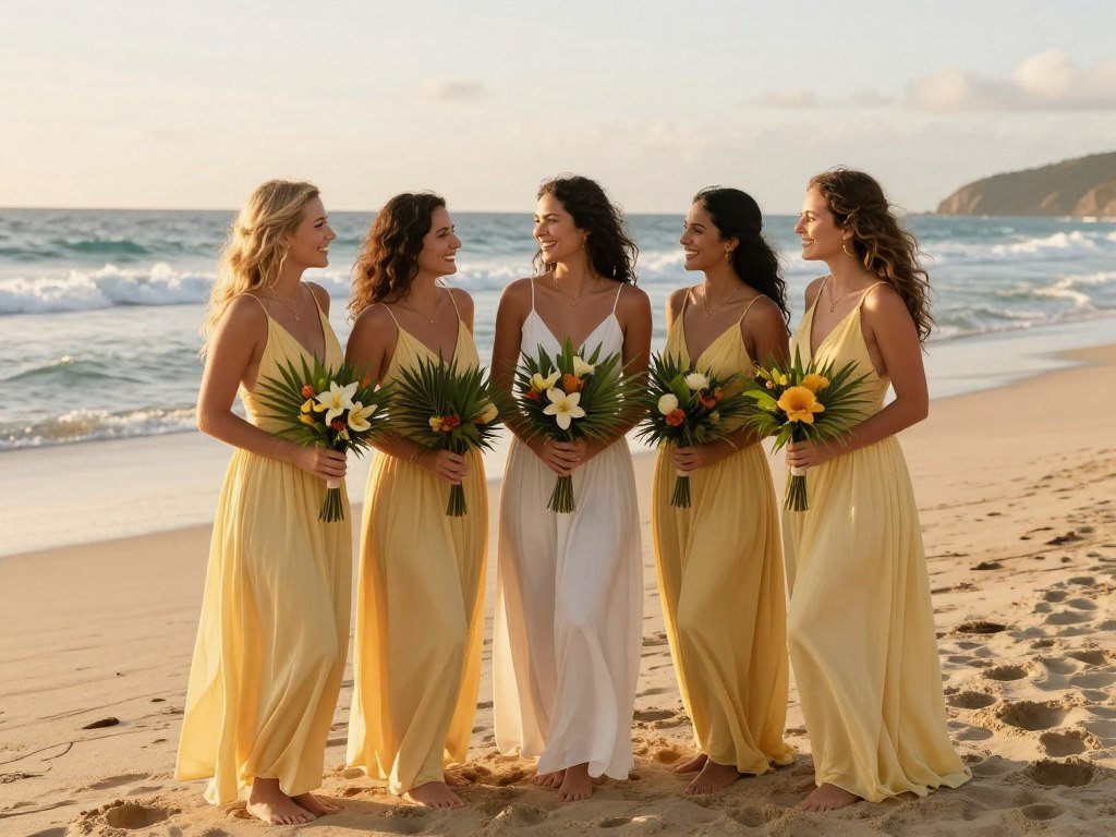 Summer beach wedding with bridesmaids in butter yellow dresses by ocean