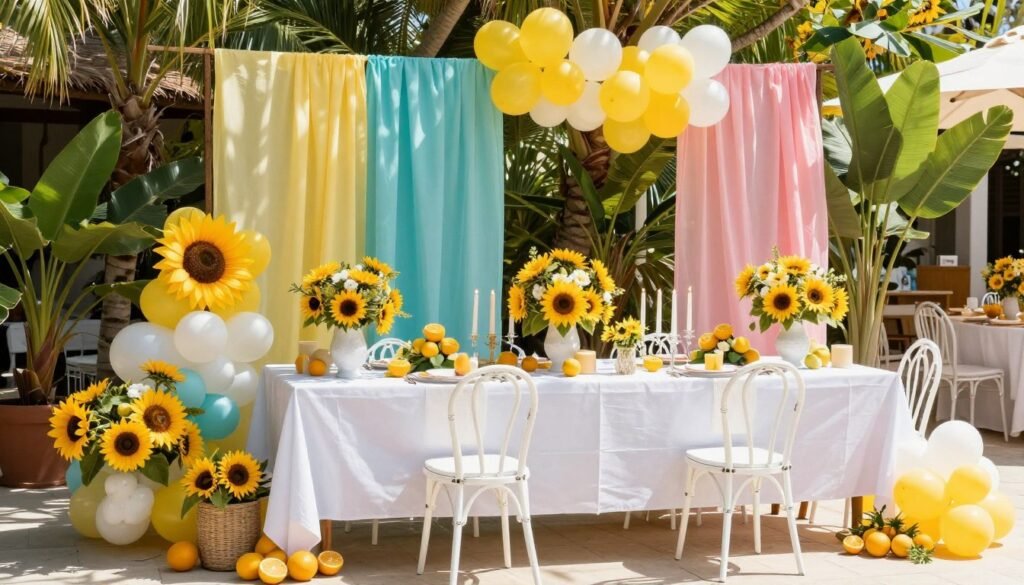 Summer bridal shower decorations with bright colors and outdoor setting