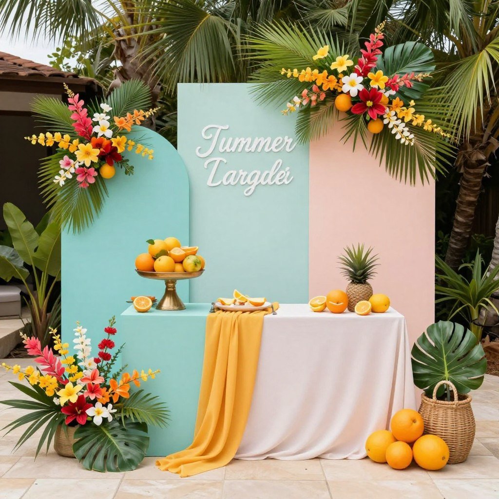 Summer engagement party with bright colors and tropical elements