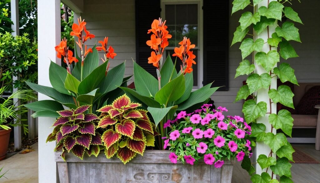 Summer front porch planters with lush tropical plants, bright flowers, and cascading vines