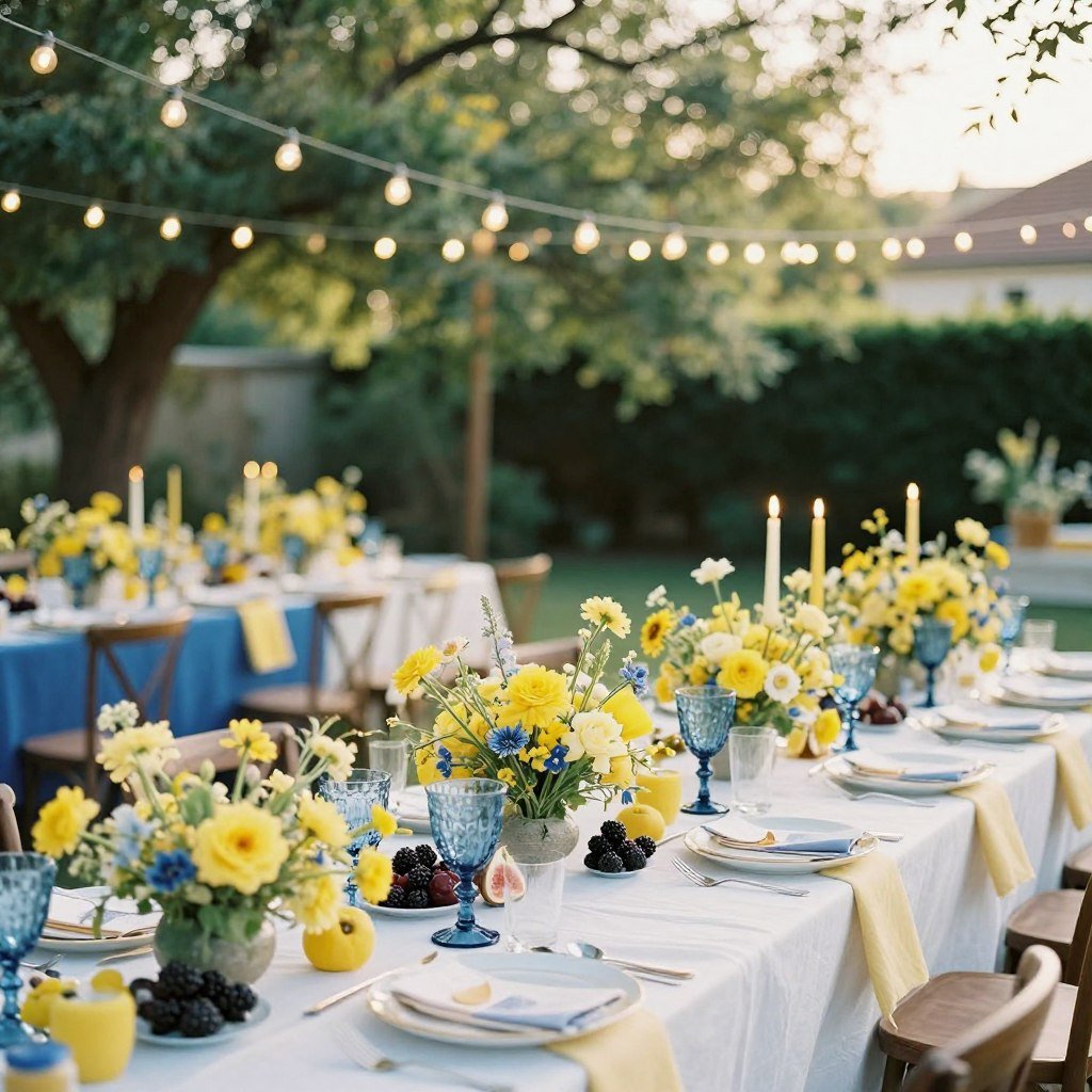Summer outdoor wedding with sapphire blue and topaz yellow decor elements Summer outdoor wedding with sapphire blue and topaz yellow decor elements