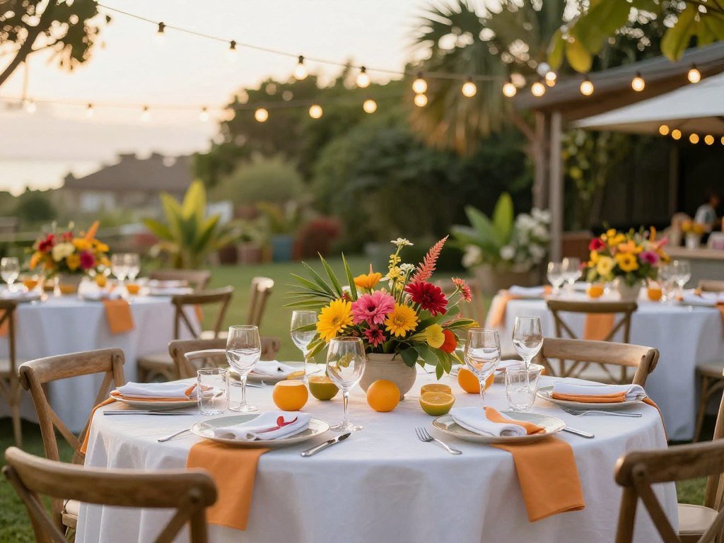 Summer rehearsal dinner with bright colors, tropical elements and outdoor dining atmosphere