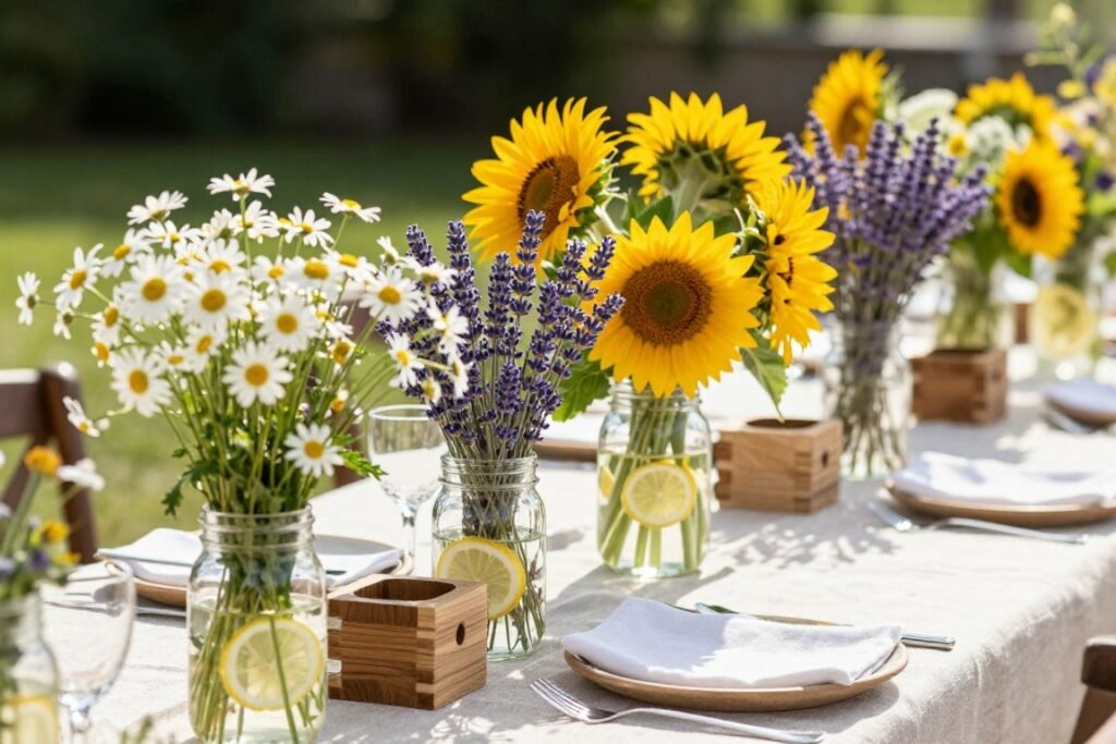 Summer rustic wedding decor with bright flowers and natural elements