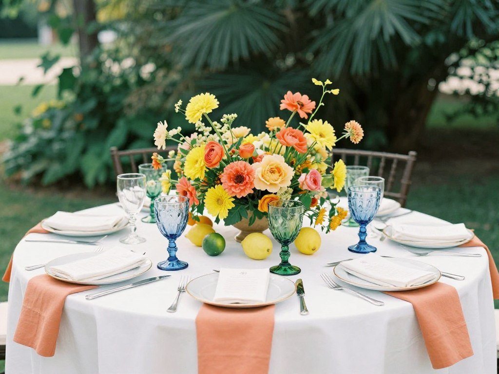 Summer-themed round wedding table with bright flowers and citrus accents