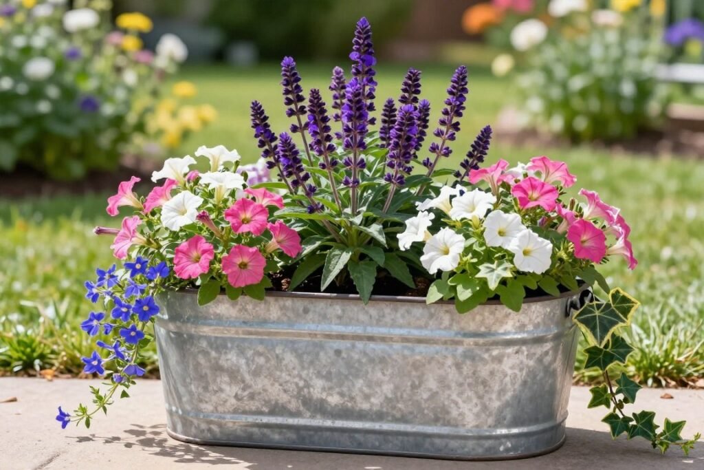 Summer wash tub planter with colorful annuals arranged in thriller, filler, spiller pattern