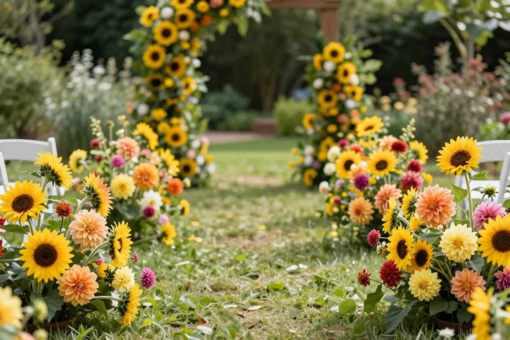 Summer wedding aisle decorated with sunflowers and bright colored blooms
