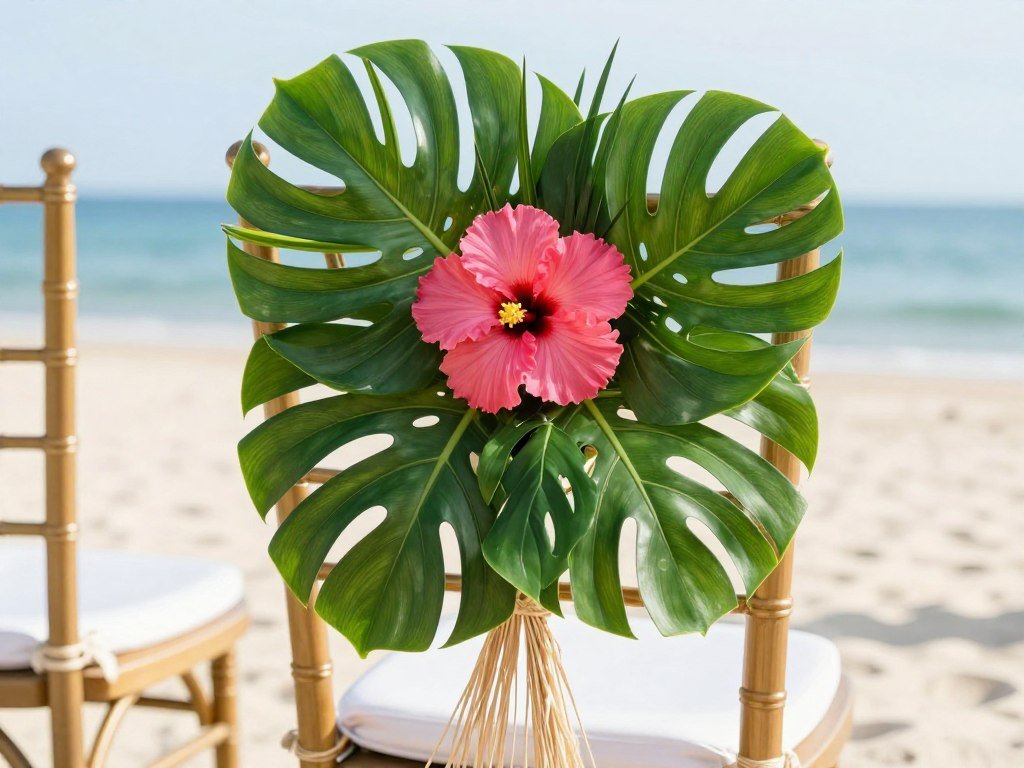 Summer wedding chair with tropical leaf and hibiscus