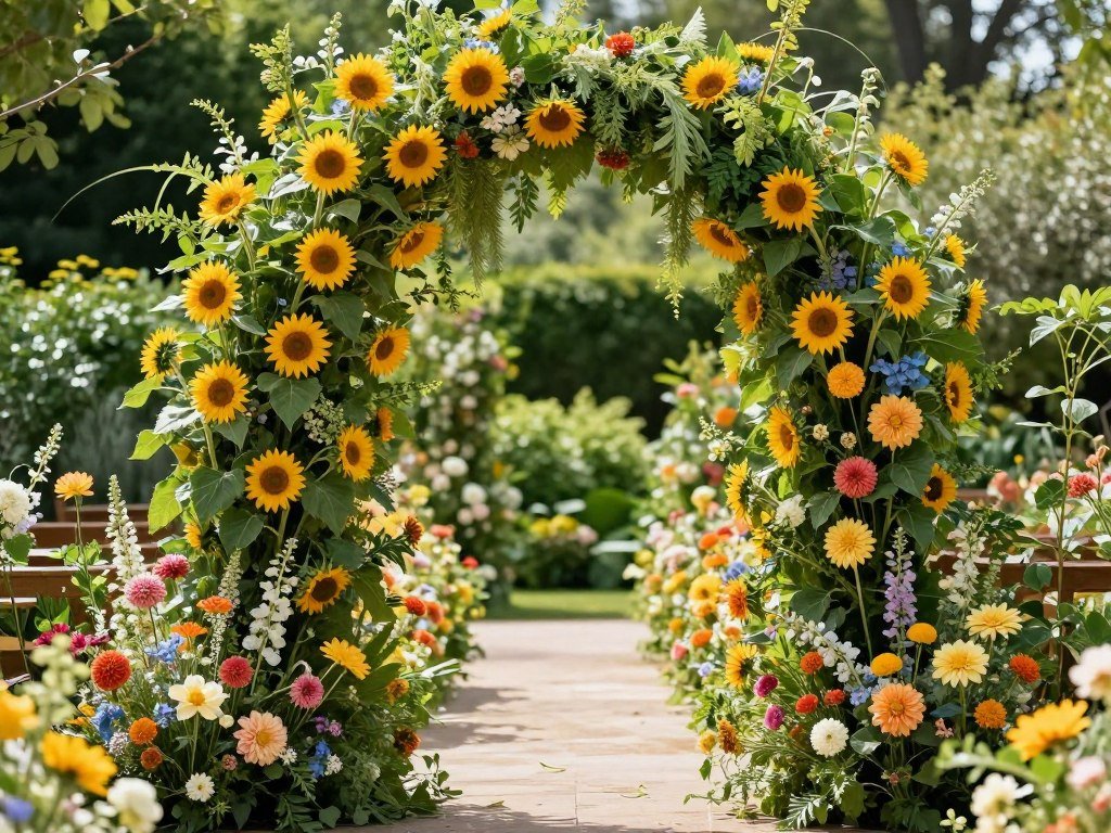 Summer wedding entrance with bright colorful flowers and greenery