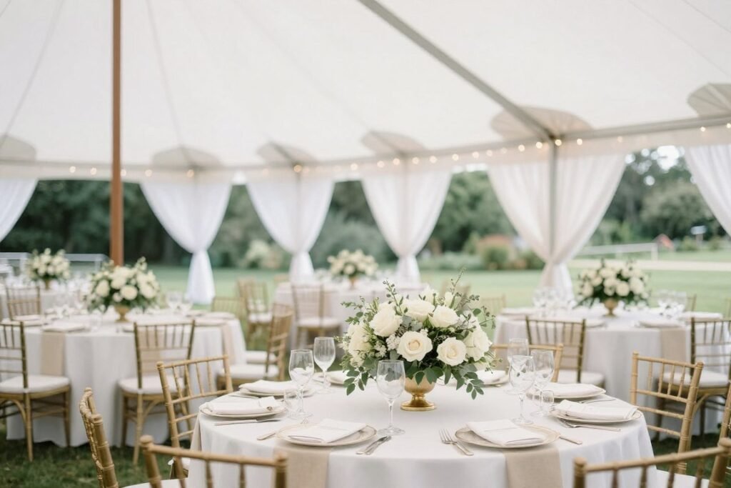 Summer wedding reception with elegant outdoor setting, white floral arrangements with subtle greenery, and airy draping Summer wedding reception with elegant outdoor setting, white floral arrangements with subtle greenery, and airy draping