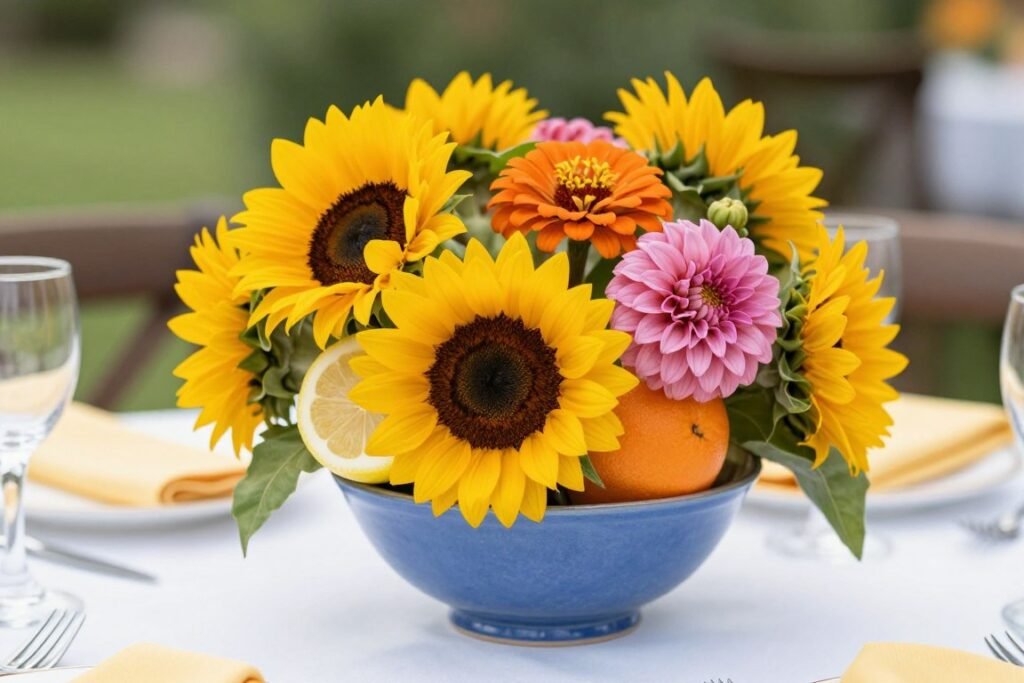 Summer wedding table decoration with bright flowers and citrus accents