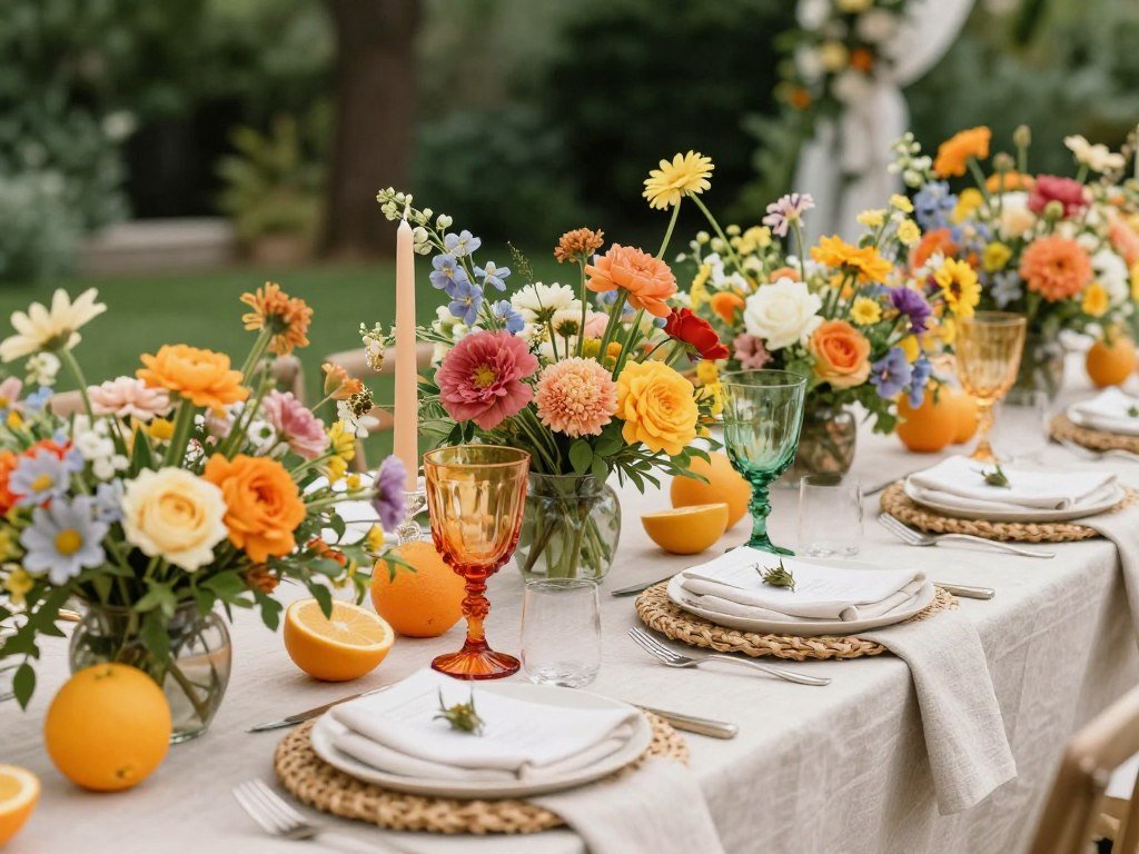 Summer wedding tablescape with bright flowers, citrus accents, and natural textures