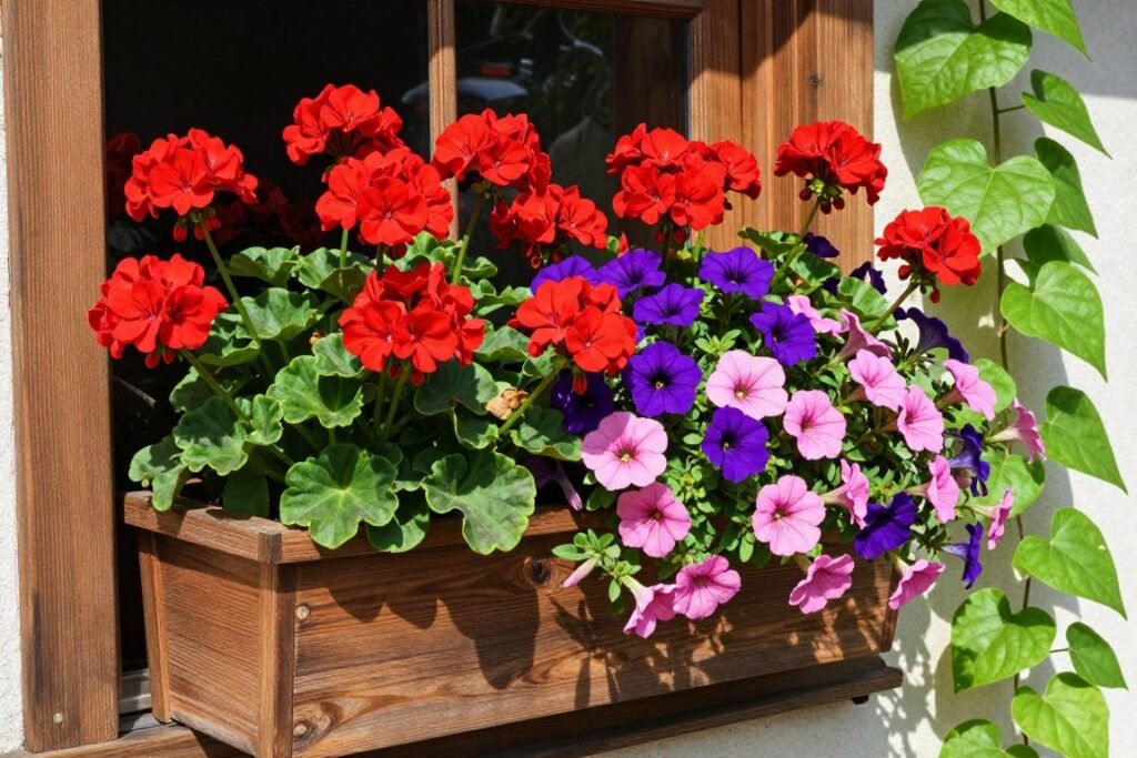 Summer window box bursting with colorful petunias, geraniums, and trailing vines Summer window box bursting with colorful petunias, geraniums, and trailing vines
