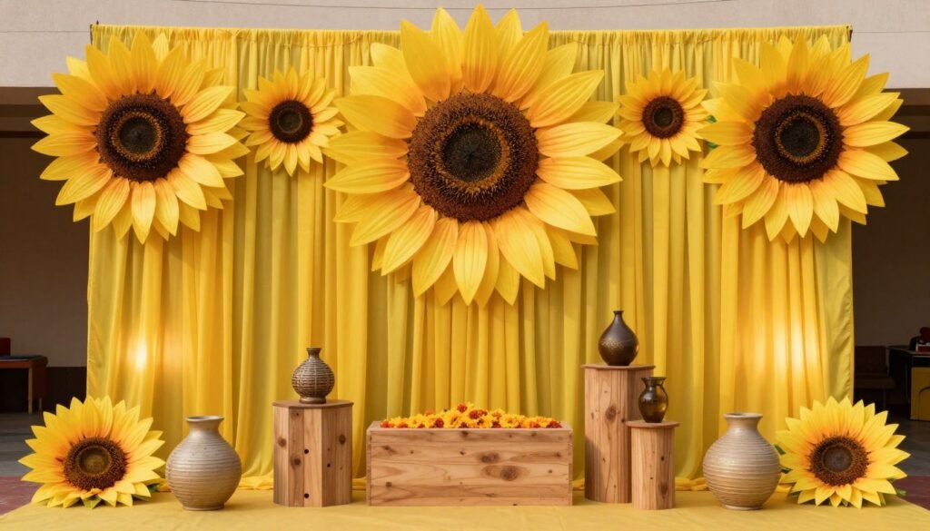 Sunflower themed haldi decoration with bright yellow elements