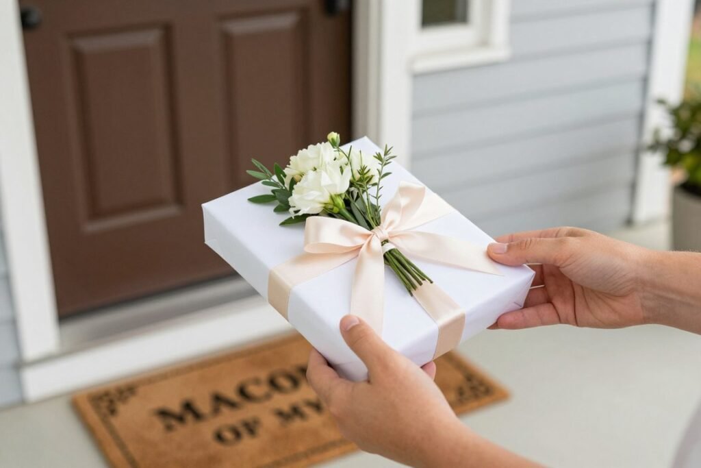 Surprise maid of honor proposal package being delivered to doorstep Surprise maid of honor proposal package being delivered to doorstep