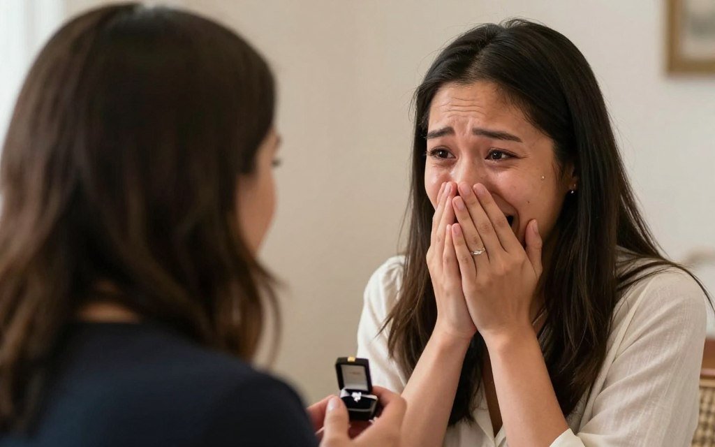 Surprised woman receiving proposal with emotional reaction