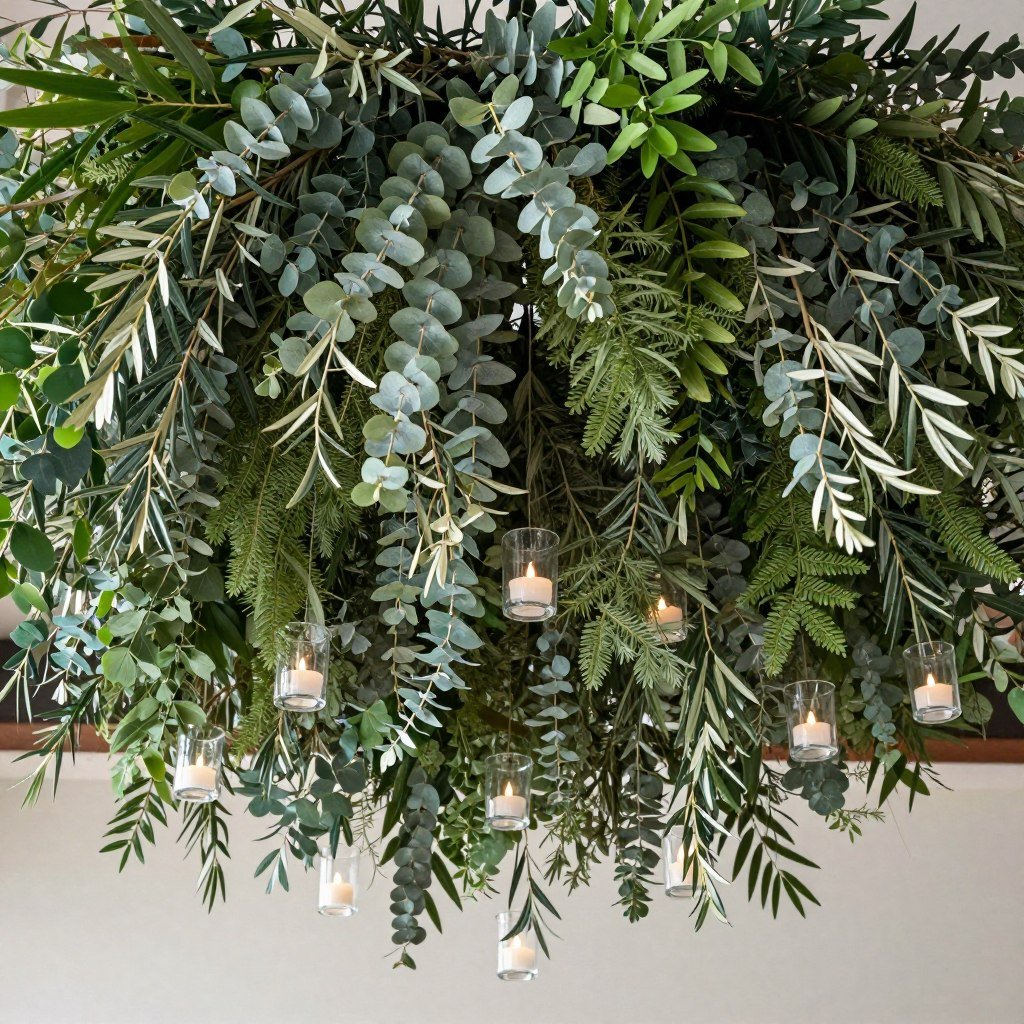 Suspended greenery installation with eucalyptus and hanging votives
