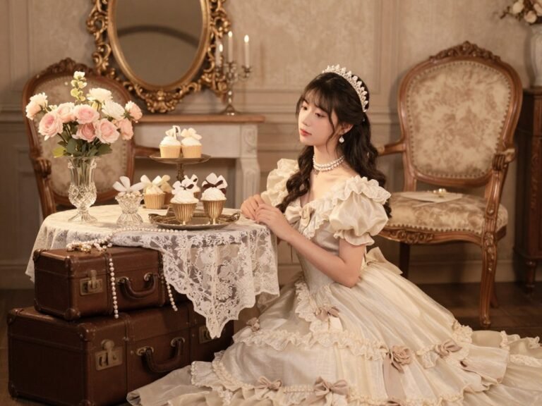 Sweet 16 vintage photoshoot with elegant dress and antique props