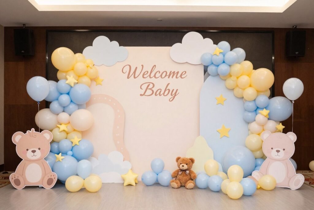 Sweet baby shower backdrop with pastel colors and nursery elements Sweet baby shower backdrop with pastel colors and nursery elements