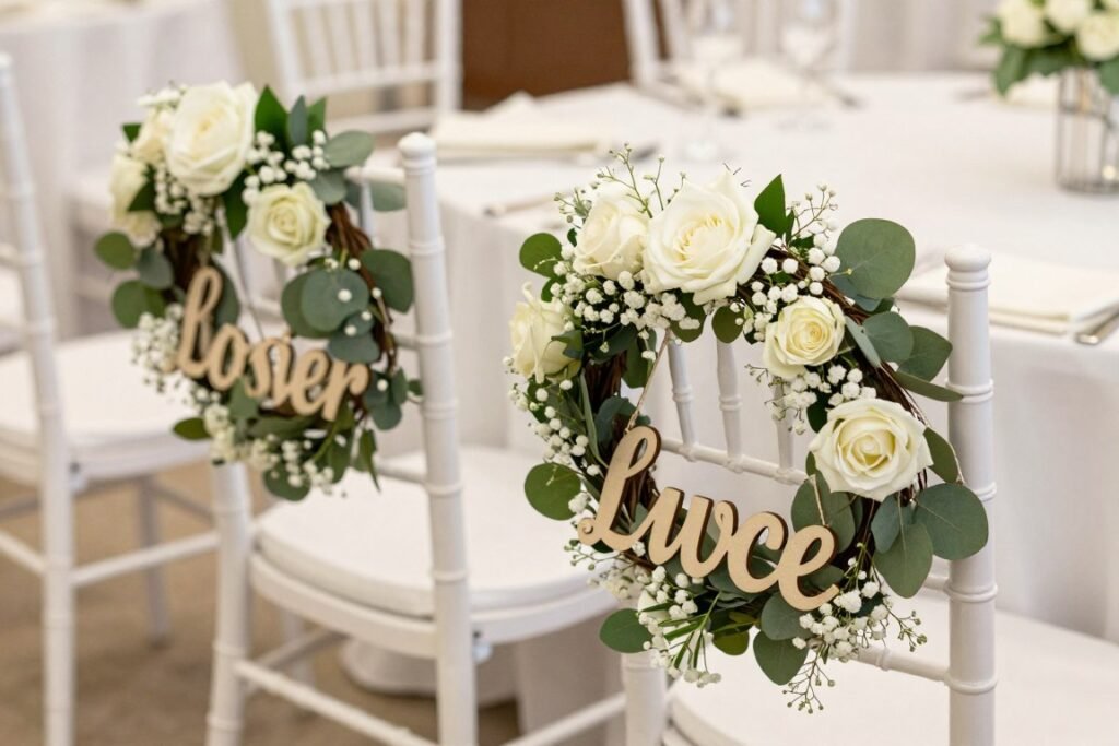 Sweetheart table chairs decorated with floral wreaths and Mr and Mrs signs hanging from ribbon Sweetheart table chairs decorated with floral wreaths and Mr and Mrs signs hanging from ribbon