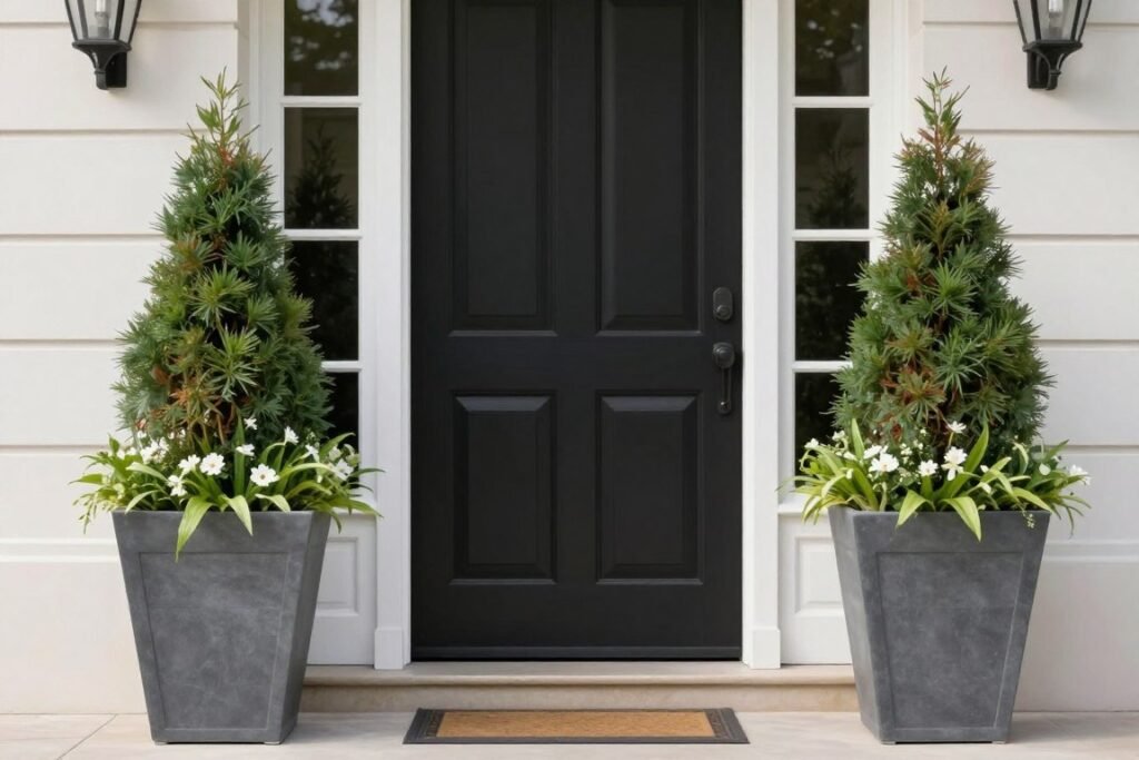 Symmetrical arrangement of matching tall planters flanking an elegant front door Symmetrical arrangement of matching tall planters flanking an elegant front door