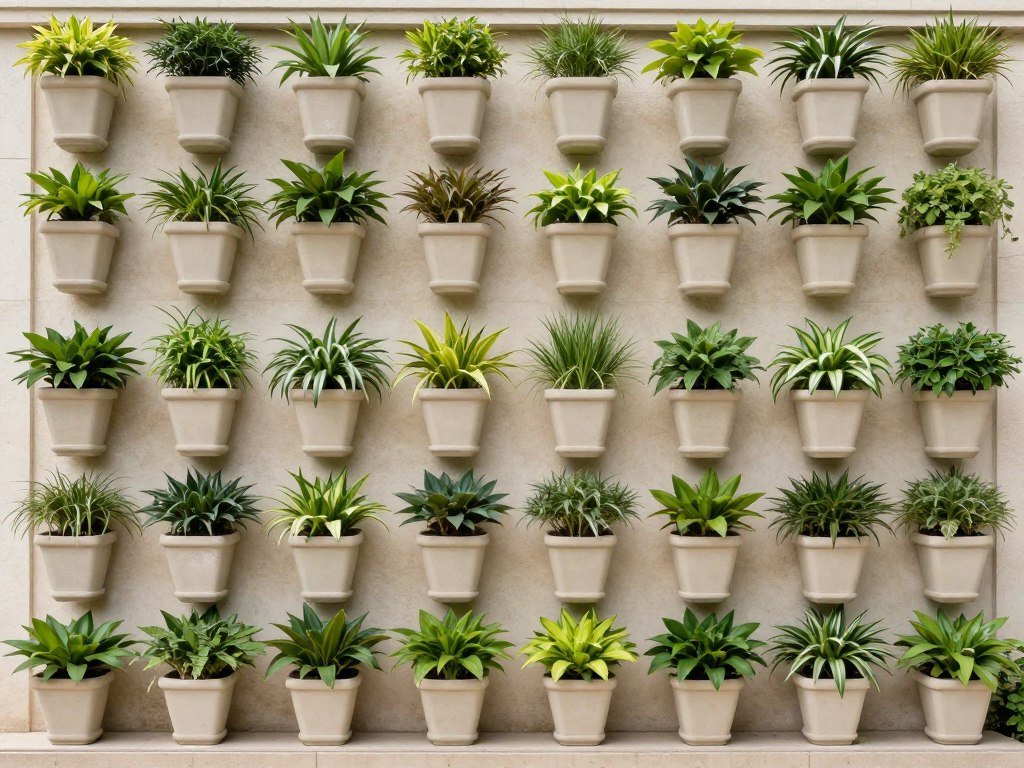 Symmetrical arrangement of wall planters creating a formal, balanced look