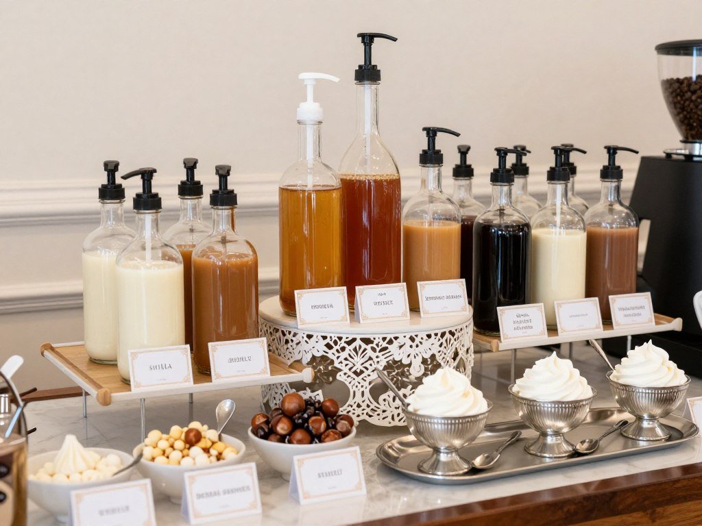 Syrup and flavor station with glass bottles for love is brewing bridal shower coffee bar