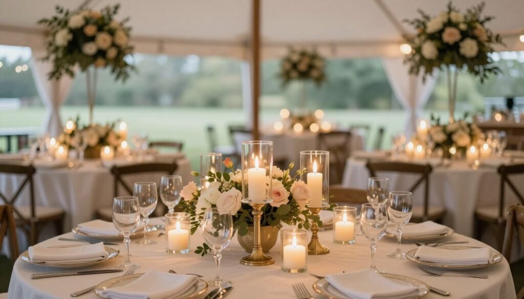 Table centerpieces with candles in hurricane glasses creating intimate lighting