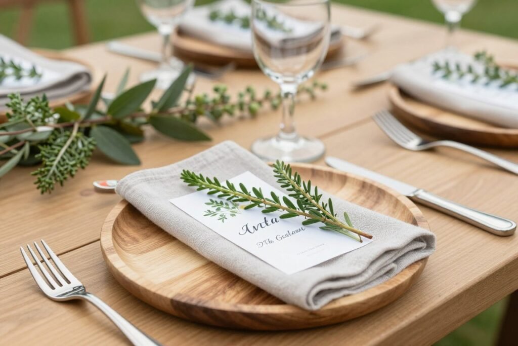 Table settings with natural elements for backyard wedding