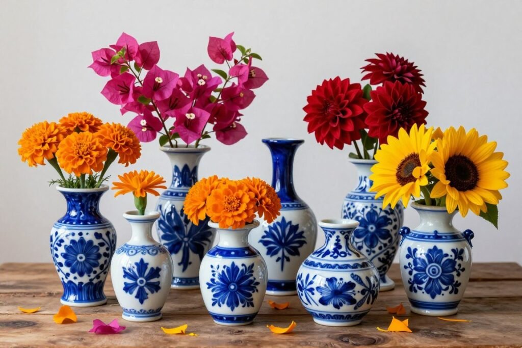 Talavera vases filled with traditional Mexican flowers including marigolds and bougainvillea Talavera vases filled with traditional Mexican flowers including marigolds and bougainvillea