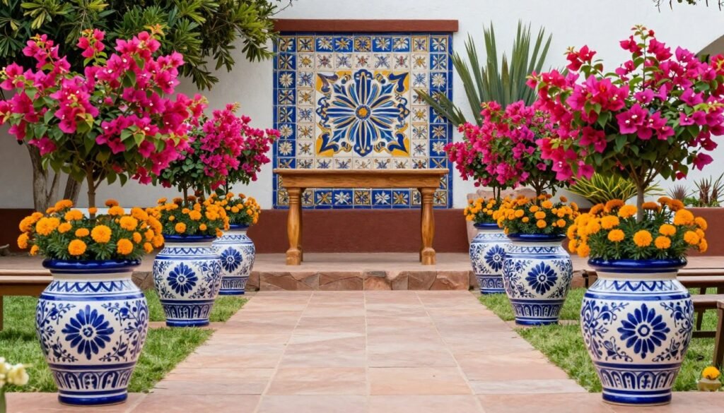 Talavera wedding ceremony setup with large pottery planters lining the aisle and framing the altar Talavera wedding ceremony setup with large pottery planters lining the aisle and framing the altar