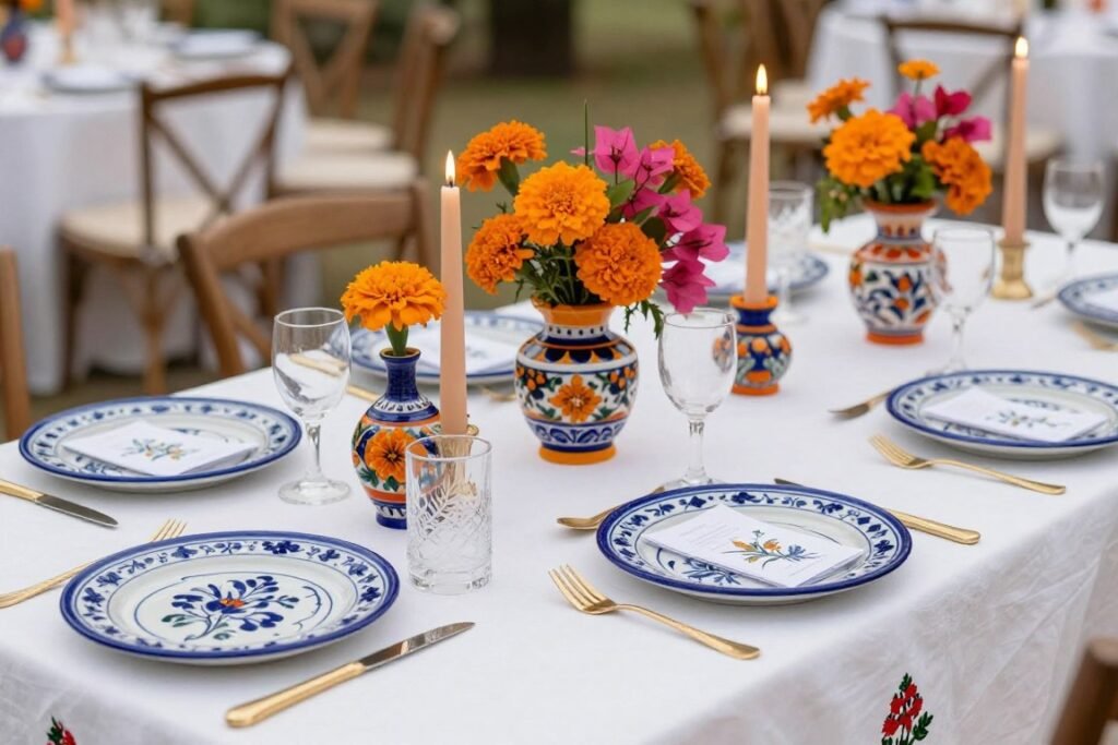 Talavera wedding table setting with blue and white plates, colorful centerpieces, and coordinating linens Talavera wedding table setting with blue and white plates, colorful centerpieces, and coordinating linens