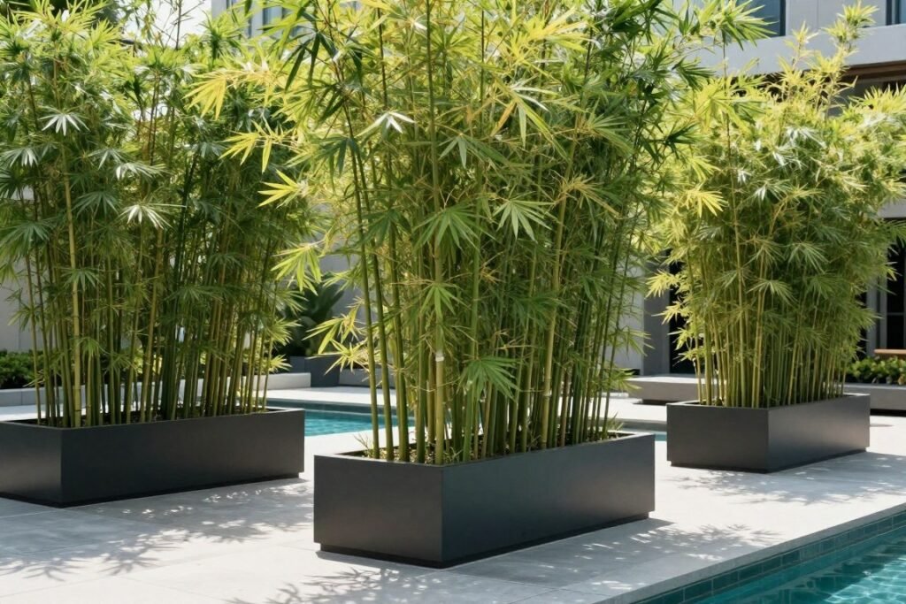 Tall bamboo plants in large planters creating privacy around a pool area Tall bamboo plants in large planters creating privacy around a pool area