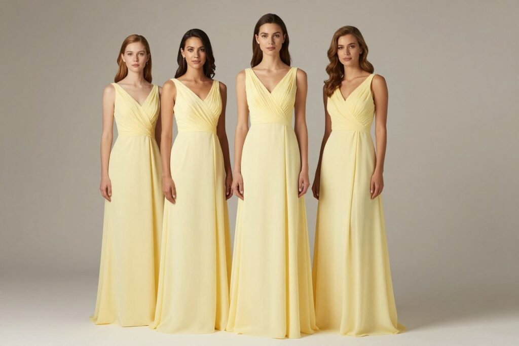 Tall bridesmaid in butter yellow maxi dress showing elegant length proportions