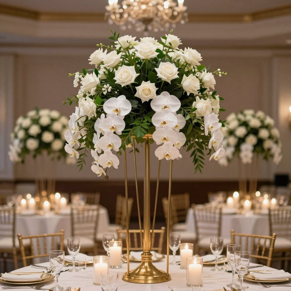 Tall dramatic wedding centerpiece with cascading flowers