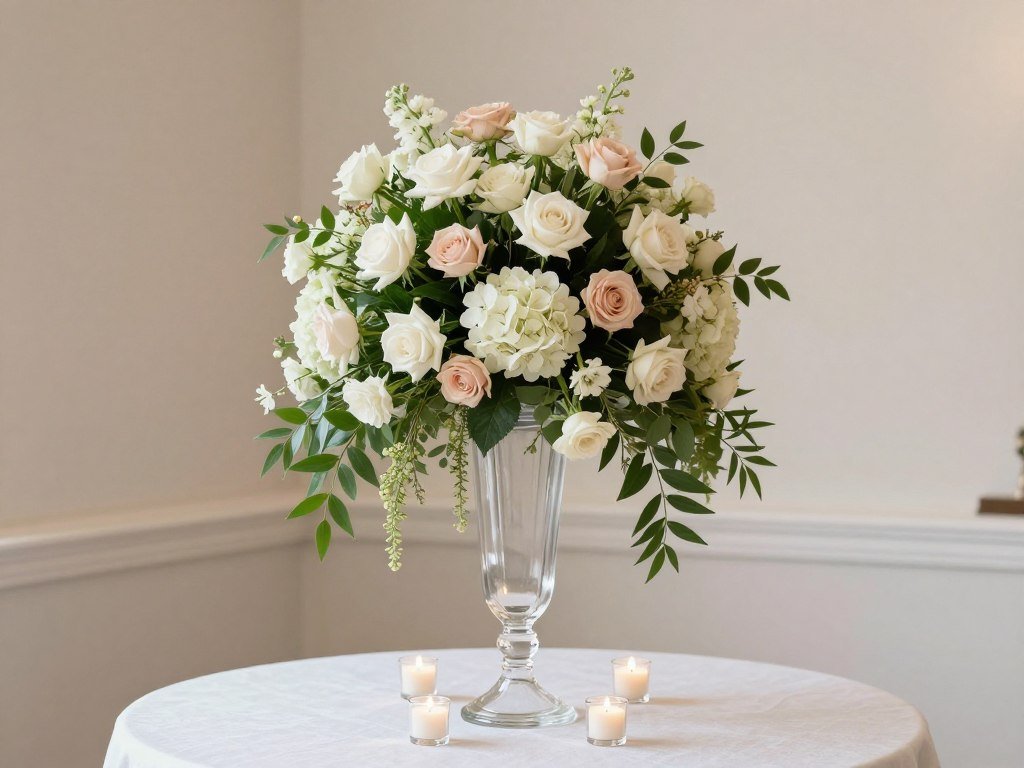 Tall floral centerpiece on a round wedding table with candles surrounding the base