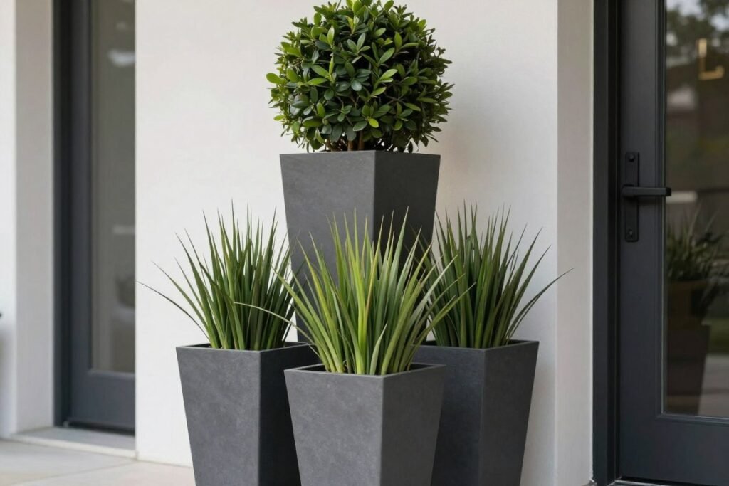 Tall modern planters creating visual impact by framing a contemporary front door with architectural plants Tall modern planters creating visual impact by framing a contemporary front door with architectural plants