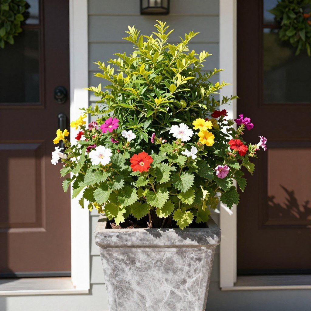 Tall planter arrangement for sunny front door with drought-tolerant plants in full bloom Tall planter arrangement for sunny front door with drought-tolerant plants in full bloom