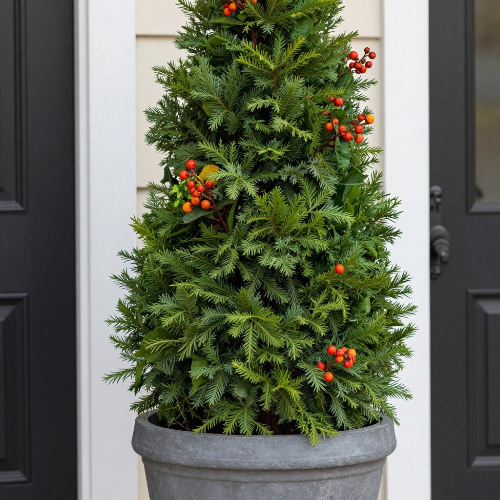 Tall planter with evergreen base and seasonal accents showing year-round appeal Tall planter with evergreen base and seasonal accents showing year-round appeal